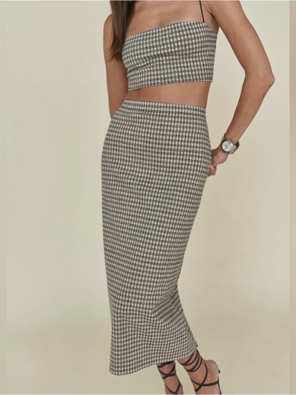 Reformation Calista Beige & Black Plaid Two-Piece Set- size L